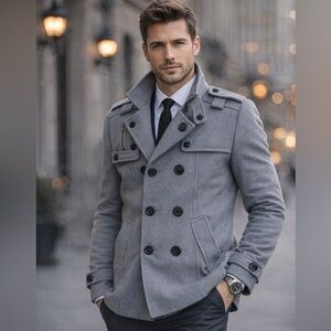 AOWOFS winter wool blend pea coat in gray, size M, double breasted button up